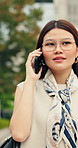 Phone call, walking and businesswoman in city with contact, negotiation or finance agreement. Smile, commuting and Asian financial manager on mobile discussion for investment deal in urban town.