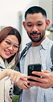Phone, laugh and couple in city with texting, chatting or funny meme on social media or mobile app. Happy, technology and Asian man with woman on cellphone for comedy article on blog in urban town.