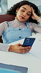 Phone, bored and businesswoman in office on break with texting, communication or social media. Tired, technology and creative employee with cellphone for chatting on mobile app at startup agency.