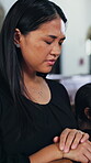 Funeral, prayer and faith with woman in church for memorial service, christian religion and grief. Eulogy tribute, catholic congregation and respect with person in cathedral for belief and worship