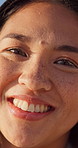 Face, woman and happy outdoor with positive attitude, relax and good mood on peaceful weekend break. Calm female person, smile and stress free with confidence, contentment or optimistic for wellness.