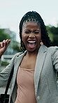 Business, dancing and black woman with smile in city for job opportunity, vibe or celebration. Happy, female person and walking with movement or positive attitude for good energy in an urban town