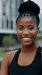 Fitness, face and black woman in town with laugh, positive attitude or workout hobby on weekend break. Happy, portrait or athlete outdoor with humor, confidence and good mood in exercise activity.