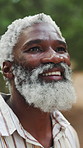 Hiking, thinking and black man with smile, travel and fresh air with vacation reflection or view. Mature person, outdoor and hiker with weekend break, nature and countryside for explore and holiday