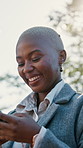 Business, woman or laugh with phone outdoor for auction update, seller negotiation or funny message. Real estate agent, black person or happy with mobile for commercial sale, property listing or joke