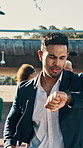 Businessman, running or checking watch in city for late trip, deadline or appointment. Man, employee or rushing to work with wristwatch or time for mistake, schedule delay or meeting in an urban town