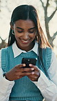 Business, typing and happy woman with phone in city for communication or social media app. Female person, employee or user texting with smile on smartphone for mobile chatting or network connection