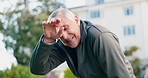 Fitness, tired and senior man in city for rest, workout recovery and wipe sweat for wellness. Exercise break, active retirement and person with pause for health, exhausted and breathing with fatigue