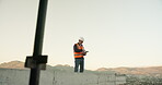 Building, inspection and tablet with man on construction site for quality control or update. App, engineering and review with architect outdoor on worksite for development or project management