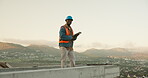Engineering, inspection and tablet with black man on construction site for quality control or update. App, building and review with mature architect outdoor for development or project management