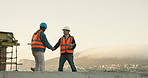 Handshake, meeting and planning with men on construction site for discussion or engineering. Building, conversation and tablet with architect people shaking hands on worksite for project update