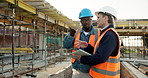 Tablet, talking and teamwork with men on construction site for digital planning or meeting. Building app, collaboration and conversation with architect people on worksite for project management