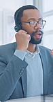 Telemarketing, consultant and man with headset in call center, help or chat with contact and advice. Business, telemarketer and black person with mic for discussion, lead generation and consultation