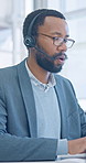 Telemarketing, discussion and man with headset in call center, help or chat with contact and advice. Business, telemarketer and black person with mic for communication, lead generation and talking