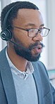 Telemarketing, help and man with headset in call center, discussion or chat with contact and advice. Business, telemarketer and black person with mic for communication, lead generation and talking