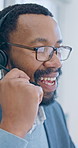 Telemarketing, smile and man with headset in call center, discussion or chat with contact and advice. Business, telemarketer and black person with mic for communication, happy and lead generation