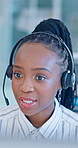 Telemarketing, computer and woman with headset in office, explaining and communication with contact. Call center, agent and black person with technology, happy and discussion with mic in business