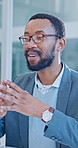 Talking, corporate and business man in office for discussion, feedback and advice for investment deal. Happy, finance and African person in meeting for financial consulting, help and asset management