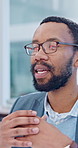 Discussion, corporate and business man in office for meeting, feedback and advice for investment deal. Happy, finance and African person talking for financial consulting, help and asset management