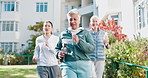 Walking, friends and senior women outdoor for wellness, exercise and movement for mobility. Morning, happy and woman with elderly people with steps, water and speed for fresh air, health and cardio