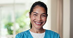Happy, face and nurse with laugh in hospital for medical support, friendly service and medicine. Smile, portrait and woman in clinic for healthcare career, job opportunity and pride for wellness