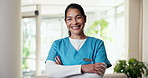 Happy, face and nurse with crossed arms for nursing home, medical support and friendly service. Laugh, portrait and woman with pride for healthcare career, job and opportunity for assisted living