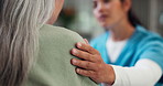Shoulder, console and nurse with senior woman for empathy, compassion and support for news. Nursing home, talking and caregiver with elderly person for consulting, help and comfort for diagnosis