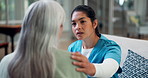 Shoulder, comfort and nurse with senior woman for empathy, compassion and support for news. Nursing home, talking and caregiver with elderly person for consulting, help and console for diagnosis