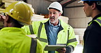 Carpenter, team and talk in workshop with tablet, manager and instructions for woodwork production. Supervisor, people and discussion in warehouse with tech, carpentry and advice for manufacturing.