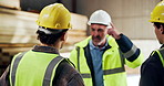 Team, manager and explain safety with helmet, protocol discussion or gear for carpentry in workshop. People, risk management and talk in factory with PPE, labor regulations or woodwork manufacturing.