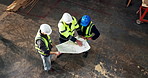 Above, carpentry and blueprint with people in workshop together for discussion or meeting. Planning, document and teamwork with men in woodworking warehouse for manufacturing partnership or contract