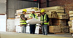 Carpenter, team and talk in workshop with blueprint, furniture designer and production manager advice. Supervisor, men and instructions in factory with design document, woodwork project and planning.