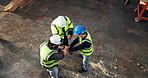 Above, carpentry and hands together with people in warehouse with blueprint, discussion or meeting. Agreement, deal and teamwork with men in woodworking workshop for manufacturing partnership