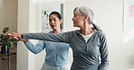Old woman, stretching and checkup at clinic for physio, assessment or medical for mobility injury. Physiotherapist, help and senior person in office for physiotherapy, healing arthritis and treatment