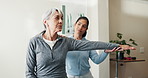 Old woman, stretching and checkup in office for physio, assessment or medical for mobility injury. Physiotherapist, help and senior person at clinic for physiotherapy, healing arthritis and treatment