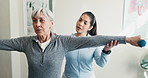 Old woman, stretching and dumbbells at clinic for physio, assessment and medical for mobility injury. Physiotherapist, help and senior person in office for physiotherapy, healing muscle and treatment