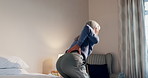 Senior, woman and bed with back pain for muscle tension, discomfort or injury in retirement home. Elderly, female person or sore spine with ache for fibromyalgia, joint inflammation or arthritis
