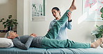 Physiotherapy, old woman or chiropractor with leg exam, stretch or checkup in rehabilitation center. Health, senior patient or practitioner with pain, consultation or mobility test in muscle recovery