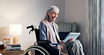 Scroll, tablet and senior woman in wheelchair, retirement and laughing with literature or knowledge. Nursing home, entertainment and old person with disability, reading and happy with tech for ebook