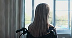 Thinking, back or old woman at window with wheelchair, daydream or nostalgia in calm mindset. Reflection, wonder or senior person with disability, flashback or peaceful perspective in retirement.