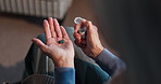 Hands, container and old woman at house with medicine, prescription and pills for chronic illness. Above, senior person and palm in home with tablets, supplements and magnesium for terminal condition