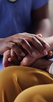 People, doctor and holding hands with senior patient for understanding, healthcare or empathy. Closeup, caregiver or nurse with sympathy for elderly care, discussion or comfort in nursing home