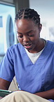 Patient, consultation and nurse with tablet in clinic, wellness or explaining medical report on app. Hospital, healthcare professional, talk and person with technology, help and diagnosis on website