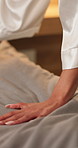 Tidy, bed and hands of woman in home for cleaning, maintenance and housekeeping in morning. Bedroom, house and person with sheet, blanket and bedding for neat, organize and start day with chores