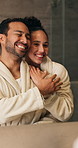 Dermatology, smile and couple with mirror in bathroom of home for morning routine, support and hug. Love, reflection and hygiene with man and woman in house for cosmetics, wellness and self care