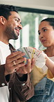 Happy, couple and swatches at house for renovation, interior design and paint samples for makeover. Smile, people and talking with color palette for upgrade, diy remodeling and household improvement 