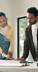 Couple, reading and document at house for renovation, blueprint and interior design for makeover. People, talking and paperwork with floor plan for upgrade, diy remodeling and household improvement 