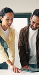 Smile, couple and document at house for renovation, blueprint and interior design for makeover. People, talking and paperwork with floor plan for upgrade, remodeling layout and household improvement 
