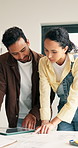 Couple, talking and document in home for renovation, blueprint and interior design for makeover. People, discussion and paperwork with floor plan for upgrade, remodeling layout and house improvement 