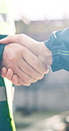 People, architect and meeting with handshake for building agreement, deal or partnership together. Employees, colleagues or shaking hands with introduction or greeting for b2b, success or teamwork